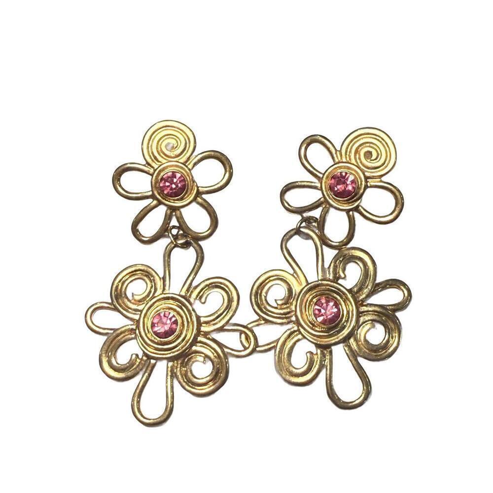 Avon Vintage Gold Tone Flower Dangle Earrings with Pink Rhinestones